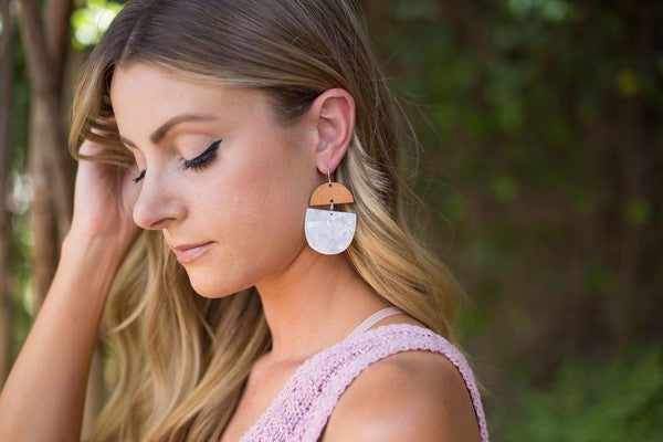 Ivory Acrylic and Wood Deco Drop Earrings