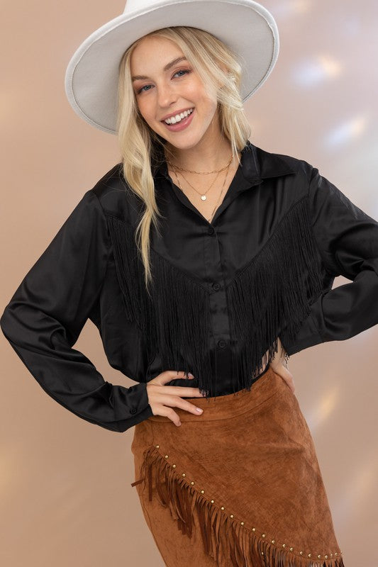 Satin Shirt Blouse with Chevron Fringe