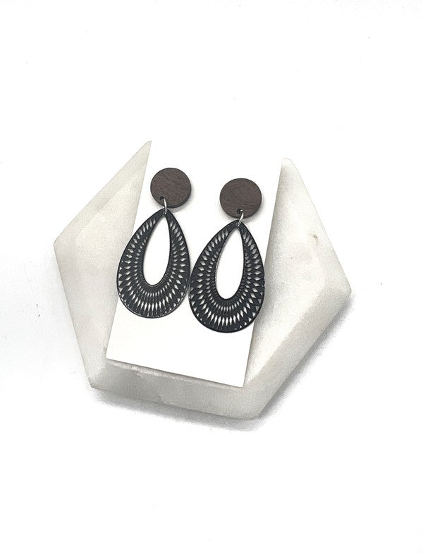 Black and Wood Filigree Statement Earrings