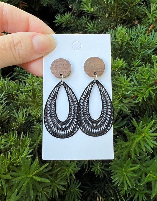 Black and Wood Filigree Statement Earrings