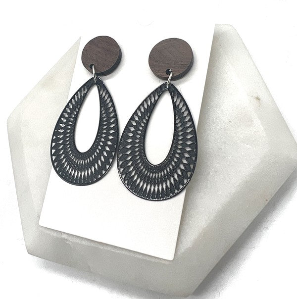 Black and Wood Filigree Statement Earrings