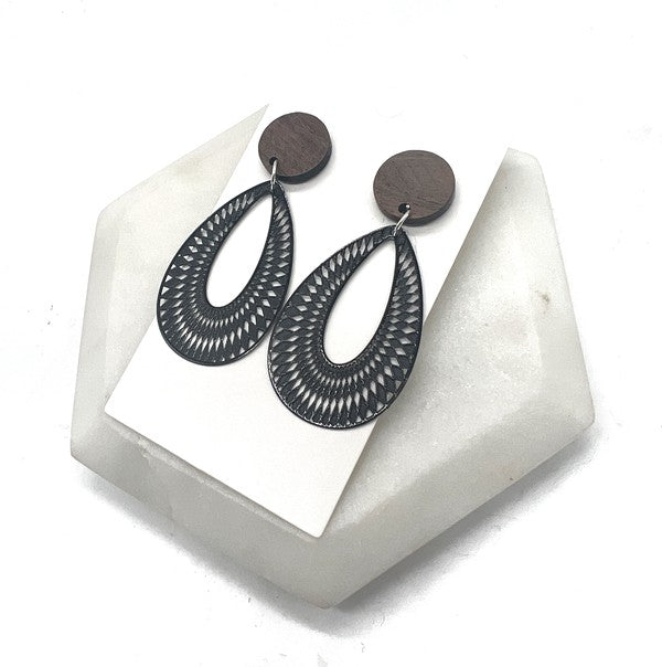 Black and Wood Filigree Statement Earrings