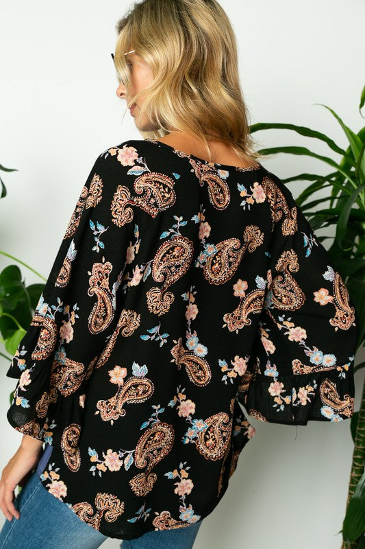 Paisley Solid Mix Ruffle Sleeve Blouse