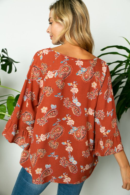 Paisley Solid Mix Ruffle Sleeve Blouse