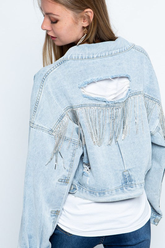 Rhinestone Fringed Denim Jacket