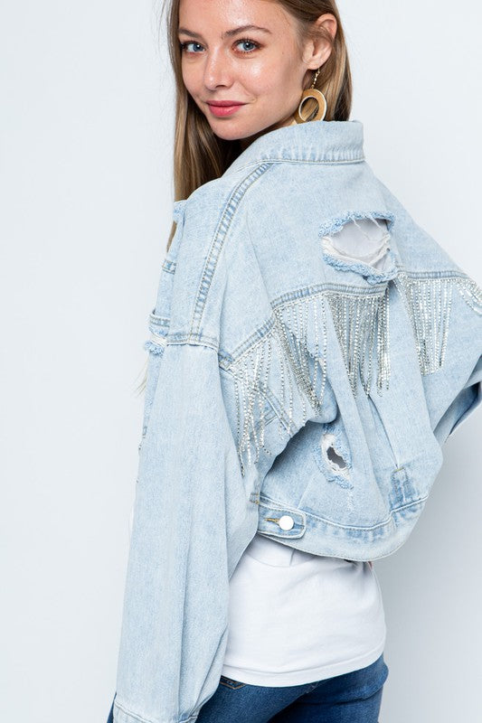 Rhinestone Fringed Denim Jacket