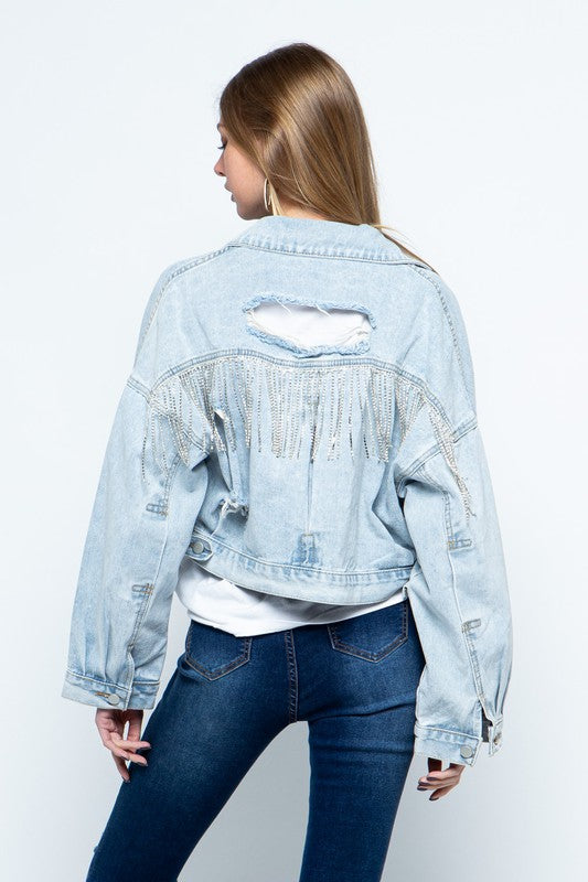 Rhinestone Fringed Denim Jacket