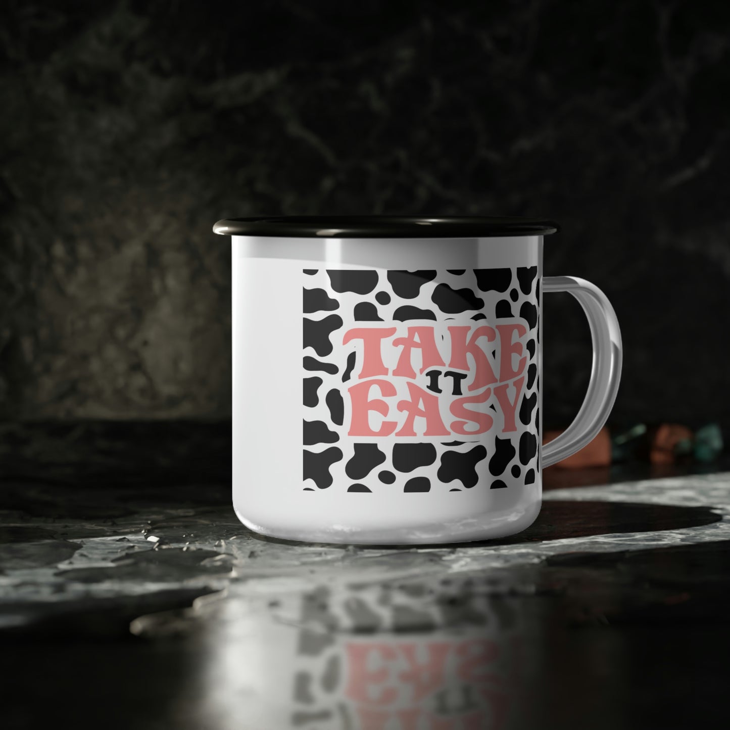 Take It Easy Cow Print Enamel Camping Mug