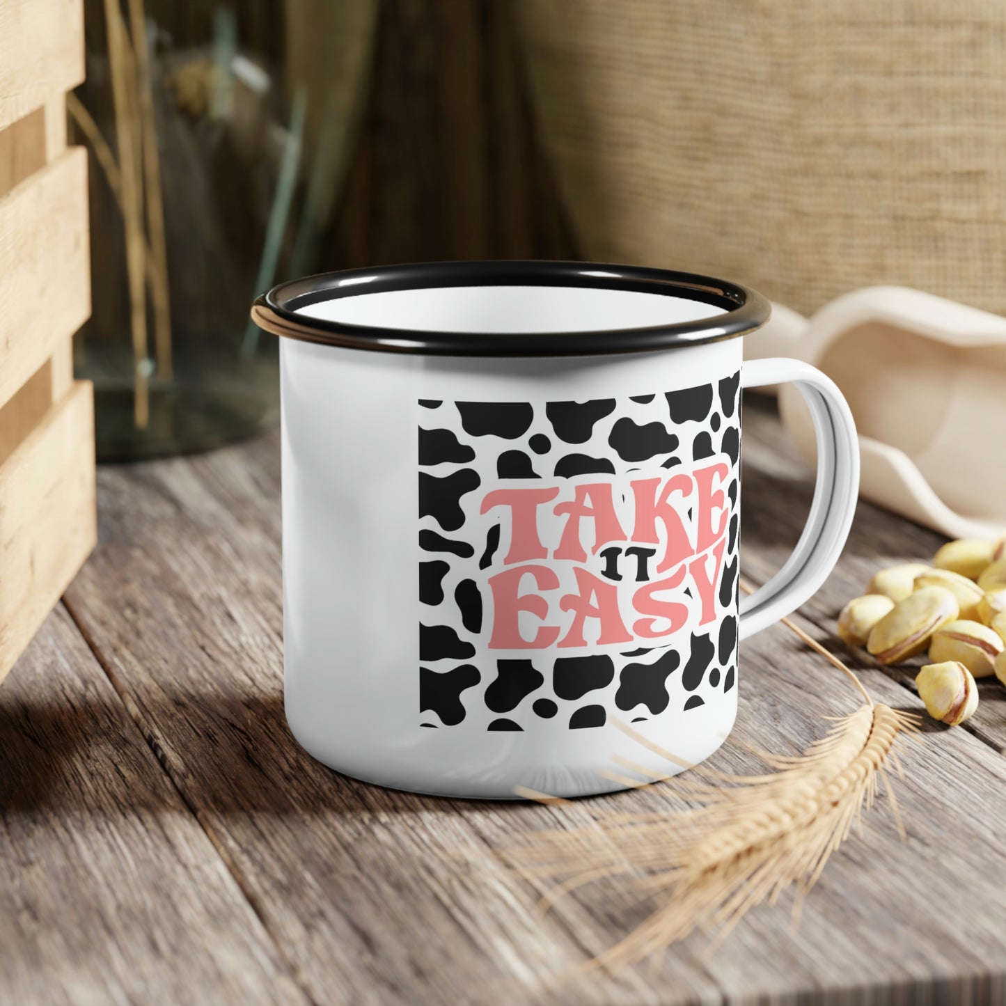 Take It Easy Cow Print Enamel Camping Mug