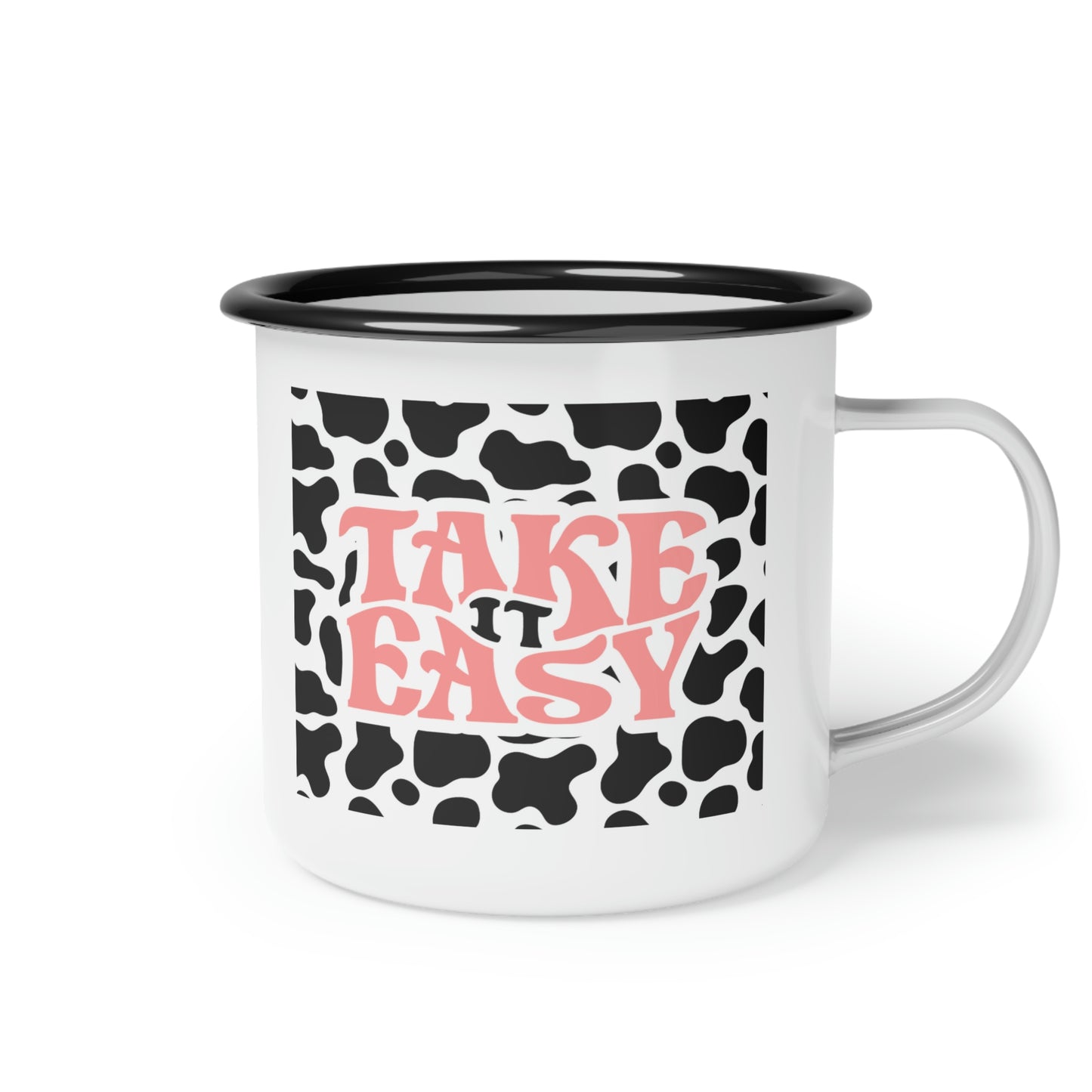 Take It Easy Cow Print Enamel Camping Mug